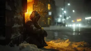 out in the cold, a man huddles from the winter freeze