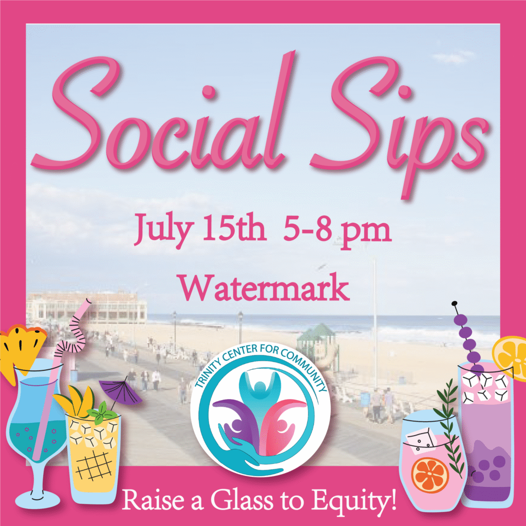 Social Sips event graphic with date and beach scene and cocktail glasses